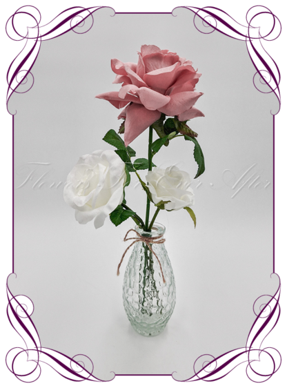 Silk faux white and dusty pink table centrepiece decoration flowers. Wedding table florals. Shower table decorations. Luxe rustic romantic wedding table centrepiece with roses . Cheap wedding table decoration flowers. Made in Australia. Buy online. Shipping world wide.