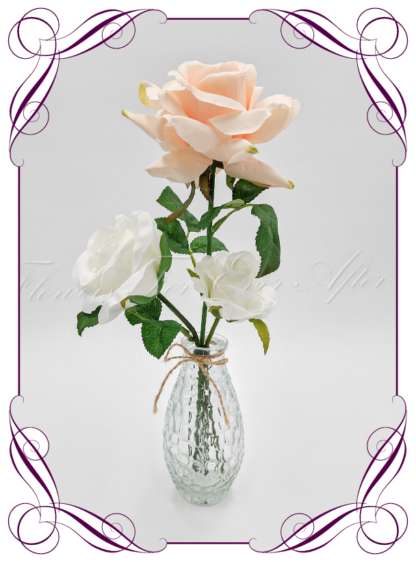 Silk faux white and peach table centrepiece decoration flowers. Wedding table florals. Shower table decorations. Luxe rustic romantic wedding table centrepiece with roses . Cheap wedding table decoration flowers. Made in Australia. Buy online. Shipping world wide.