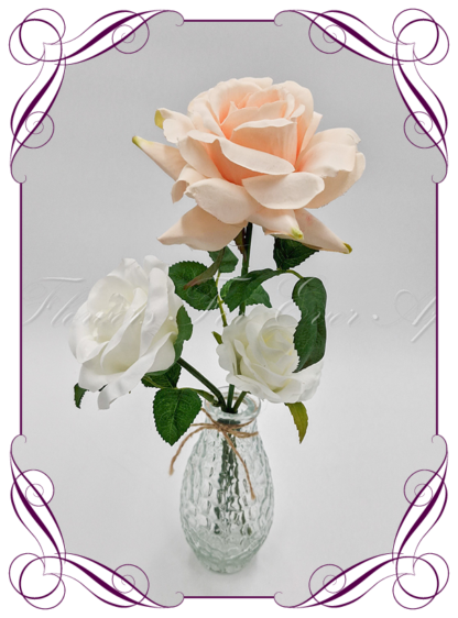 Silk faux white and peach table centrepiece decoration flowers. Wedding table florals. Shower table decorations. Luxe rustic romantic wedding table centrepiece with roses . Cheap wedding table decoration flowers. Made in Australia. Buy online. Shipping world wide.