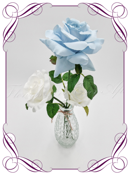 Silk faux white and light baby blue table centrepiece decoration flowers. Wedding table florals. Shower table decorations. Luxe rustic romantic wedding table centrepiece with roses . Cheap wedding table decoration flowers. Made in Australia. Buy online. Shipping world wide.