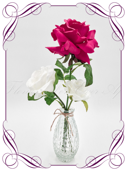 Silk faux white and Magenta fuchsia pink table centrepiece decoration flowers. Wedding table florals. Shower table decorations. Luxe rustic romantic wedding table centrepiece with roses . Cheap wedding table decoration flowers. Made in Australia. Buy online. Shipping world wide.