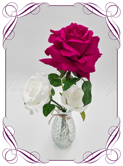 Silk faux white and Magenta fuchsia pink table centrepiece decoration flowers. Wedding table florals. Shower table decorations. Luxe rustic romantic wedding table centrepiece with roses . Cheap wedding table decoration flowers. Made in Australia. Buy online. Shipping world wide.