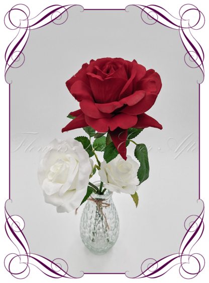Silk faux white and red table centrepiece decoration flowers. Wedding table florals. Shower table decorations. Luxe rustic romantic wedding table centrepiece with roses . Cheap wedding table decoration flowers. Made in Australia. Buy online. Shipping world wide.