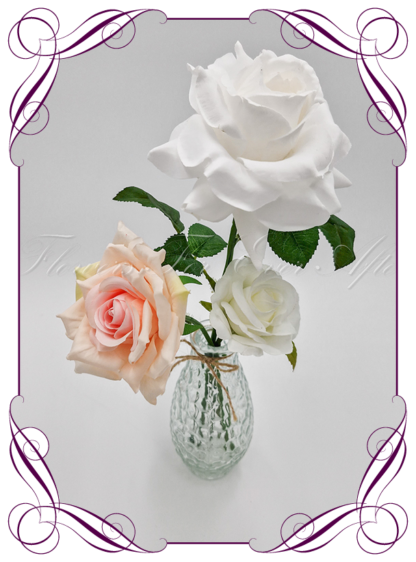 Silk faux white and peach pink table centrepiece decoration flowers. Wedding table florals. Shower table decorations. Luxe rustic romantic wedding table centrepiece with roses . Cheap wedding table decoration flowers. Made in Australia. Buy online. Shipping world wide.
