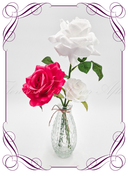 Silk faux white and hot pink table centrepiece decoration flowers. Wedding table florals. Shower table decorations. Luxe rustic romantic wedding table centrepiece with roses . Cheap wedding table decoration flowers. Made in Australia. Buy online. Shipping world wide.