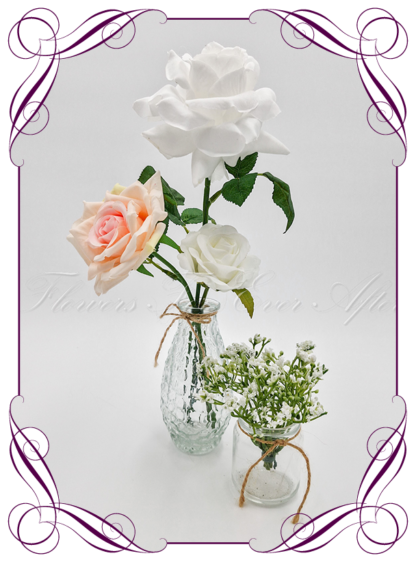 Silk faux white and peach pink table centrepiece decoration flowers. Wedding table florals. Shower table decorations. Luxe rustic romantic wedding table centrepiece with roses . Cheap wedding table decoration flowers. Made in Australia. Buy online. Shipping world wide.