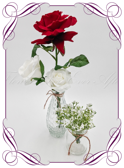 Silk faux white and red table centrepiece decoration flowers. Wedding table florals. Shower table decorations. Luxe rustic romantic wedding table centrepiece with roses . Cheap wedding table decoration flowers. Made in Australia. Buy online. Shipping world wide.