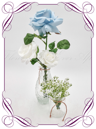 Silk faux white and light baby blue table centrepiece decoration flowers. Wedding table florals. Shower table decorations. Luxe rustic romantic wedding table centrepiece with roses . Cheap wedding table decoration flowers. Made in Australia. Buy online. Shipping world wide.