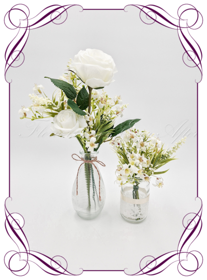 Silk faux white table centrepiece decoration flowers. Wedding table florals. Shower table decorations. Luxe rustic romantic wedding table centrepiece with roses . Cheap wedding table decoration flowers. Made in Australia. Buy online. Shipping world wide.
