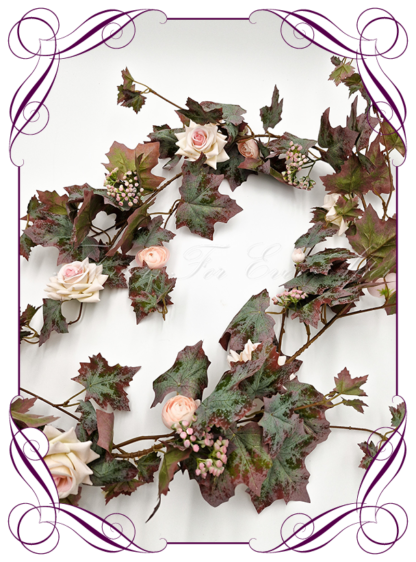 Silk faux blush pink, dusty pinka and mauve table centrepiece garland decoration flowers. Wedding table florals. Shower table decorations. Luxe rustic romantic wedding table centrepiece with roses . Cheap wedding table bridal table garland decoration flowers. Made in Australia. Buy online. Shipping world wide.