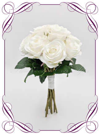 Artificial Bridal flowers in white and ivory silk roses. Silk wedding Bouquet posy, featuring faux flowers in a romantic elegant and unusual bridal style, classic white and traditional wedding bouquets. Made in Melbourne by Australia's Best Artificial Bridal Florist. Buy now Online. Worldwide Shipping available