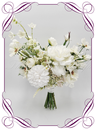 Artificial Bridal flowers in white and ivory silk roses. Silk wedding Bouquet posy, featuring faux flowers in a romantic elegant and unusual bridal style, wild flowers, meadow blooms, and garden florals. Made in Melbourne by Australia's Best Artificial Bridal Florist. Buy now Online. Worldwide Shipping available