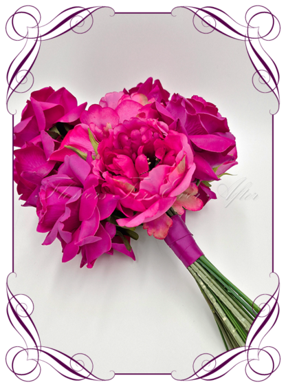 Artificial Bridal flowers in bright vibrant magenta, fuchsia pink, and red luxe flowers. Silk wedding Bouquet posy, featuring faux flowers in a romantic elegant and unusual bridal style, modern luxe flowers, romantic wedding bouquets. Made in Melbourne by Australia's Best Artificial Bridal Florist. Buy now Online. Worldwide Shipping available