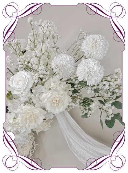 Wedding Ceremony Silk arbor flowers. Artificial white and native eucalypt gum arbor florals decoration, for wedding ceremony backdrop decoration. Baby's breath, luxe roses and Australian native gum foliage. Buy online now. Shipping world wide. Cheap wedding arbor decoration ideas.