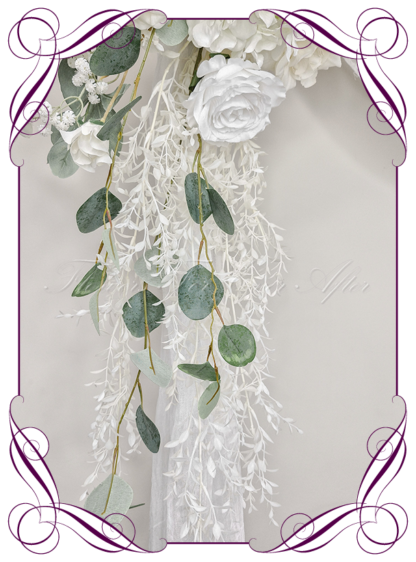 Wedding Ceremony Silk arbor flowers. Artificial white and native eucalypt gum arbor florals decoration, for wedding ceremony backdrop decoration. Baby's breath, luxe roses and Australian native gum foliage. Buy online now. Shipping world wide. Cheap wedding arbor decoration ideas.