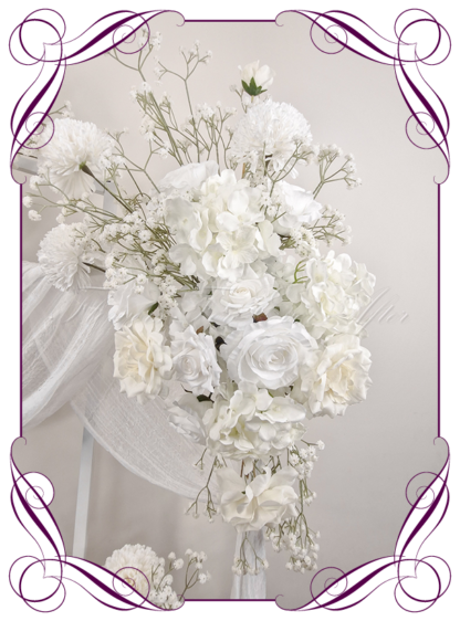 Wedding Ceremony Silk arbor flowers. Artificial white and ivory arbor florals decoration, for wedding ceremony backdrop decoration. Baby's breath, luxe rose, all white only. Buy online now. Shipping world wide. Cheap wedding arbor decoration ideas.